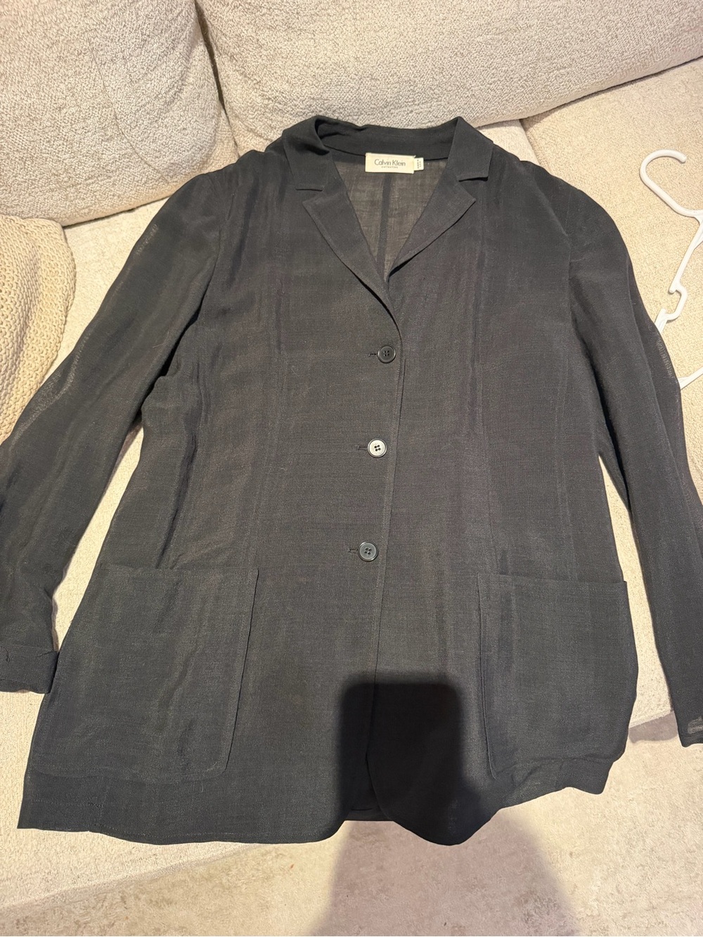 Vintage 1990s Calvin Klein Black Linen Notch-Collar Button Blazer